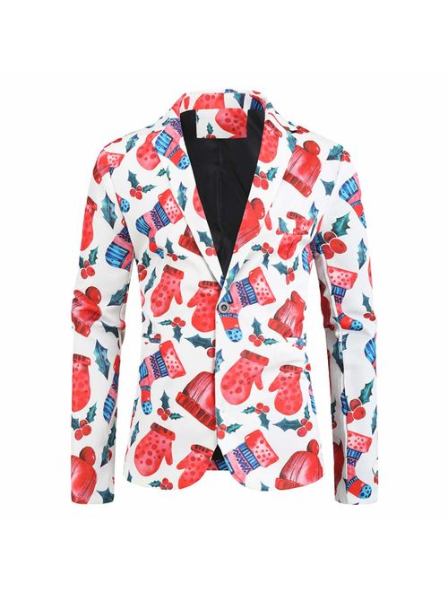 LUCAMORE Men's Suit Christmas Snowmen Candy Printed Blazer Casual Outwear Coat Slim Fit Sport Coat Separate Jacket