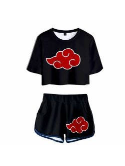 2 PieceUchiha Outfits for Women Short Sleeve Crop Top and Short Pants Sets