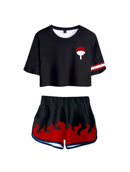 2 PieceUchiha Outfits for Women Short Sleeve Crop Top and Short Pants Sets