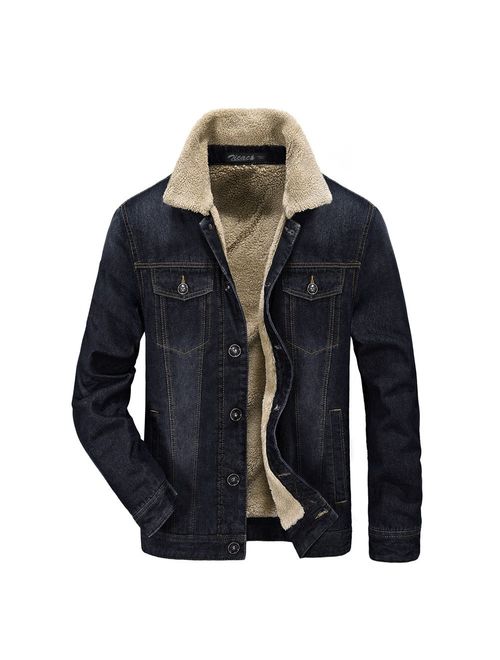 Zicac Men's Fleeced Denim Jacket Winter Fall Warm Cowboy Coat Outerwear Parka