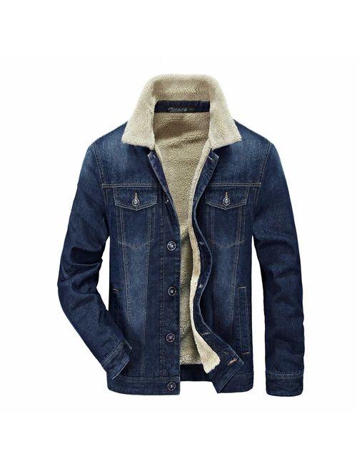 Zicac Men's Fleeced Denim Jacket Winter Fall Warm Cowboy Coat Outerwear Parka