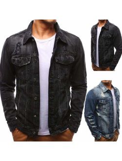 QINGYU Men's Jeans Jacket Single Row Buckles Holes Black Denim Jacket for Men