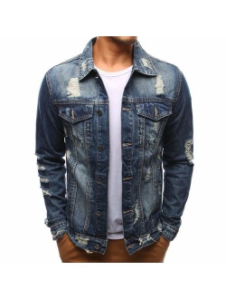 QINGYU Men's Jeans Jacket Single Row Buckles Holes Black Denim Jacket for Men