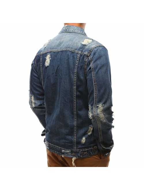 QINGYU Men's Jeans Jacket Single Row Buckles Holes Black Denim Jacket for Men