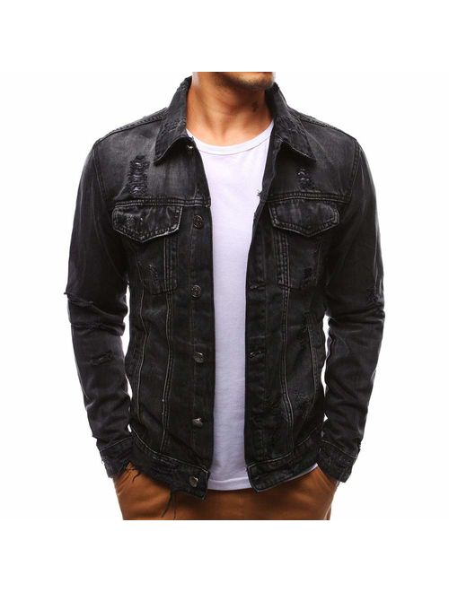 QINGYU Men's Jeans Jacket Single Row Buckles Holes Black Denim Jacket for Men