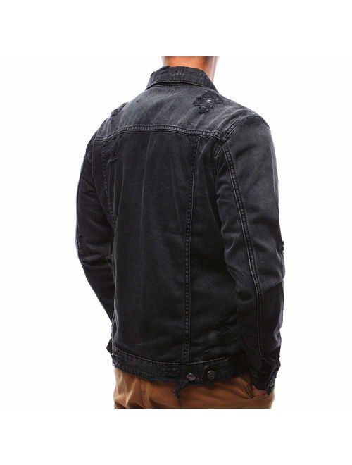 QINGYU Men's Jeans Jacket Single Row Buckles Holes Black Denim Jacket for Men