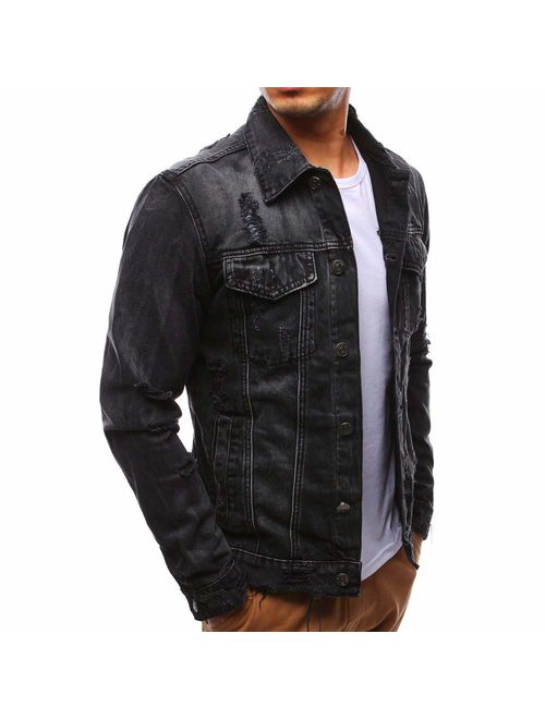 QINGYU Men's Jeans Jacket Single Row Buckles Holes Black Denim Jacket for Men