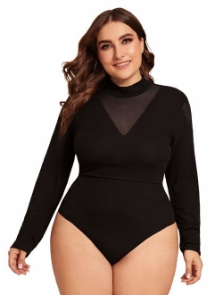 Women's Sheer Mesh Long Sleeve Stretchy Bodysuit Jumpsuit