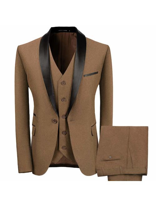 WEEN CHARM Men's Shawl Lapel 3-Pieces Suit Slim Fit One Button Dress Suit Blazer Jacket Pants Tux Vest