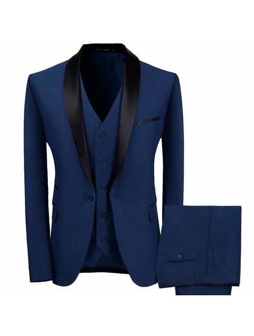 WEEN CHARM Men's Shawl Lapel 3-Pieces Suit Slim Fit One Button Dress Suit Blazer Jacket Pants Tux Vest