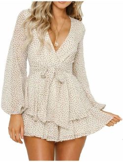 Relipop Women's Polka Dot Jumpsuits Deep V-Neck Long Sleeve Knot Front Ruffle Hem Rompers