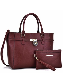 Women's Large Fashion Tote Bag Elegant Top Belted Padlock Handbag Satchel Purse Shoulder Work Bag Wallet Set