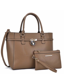 Women's Large Fashion Tote Bag Elegant Top Belted Padlock Handbag Satchel Purse Shoulder Work Bag Wallet Set