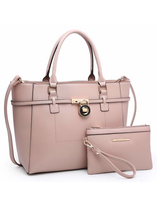 DASEIN Women's Large Fashion Tote Bag Elegant Top Belted Padlock Handbag Satchel Purse Shoulder Work Bag Wallet Set