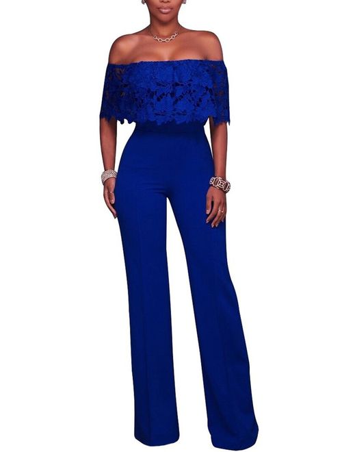 Halfword Womens Off Shoulder High Waisted Long Wide Leg Jumpsuits Rompers