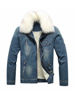 Men's Winter Stylish Faux Fur Collar Sherpa Lined Distressed Denim Trucker Jacket