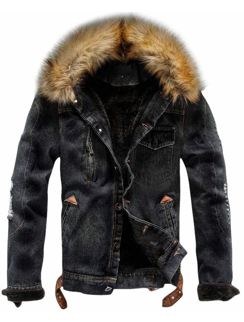 chouyatou Men's Winter Stylish Faux Fur Collar Sherpa Lined Distressed Denim Trucker Jacket