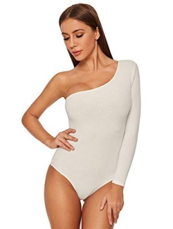 Women's Sexy One Shoulder Off Rib Knit Thong Bodysuit