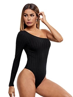 Women's Sexy One Shoulder Off Rib Knit Thong Bodysuit