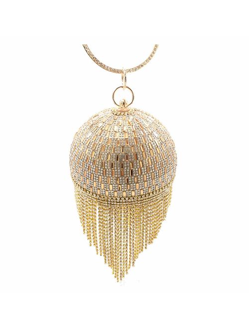 UMREN Women Round Ball Crystal Evening Clutch Purse Tassel Wedding Party Hand Bags