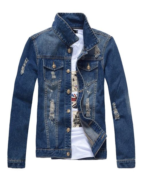 DSDZ Mens Classic Ripped Motorcycle Denim Jacket with Hole