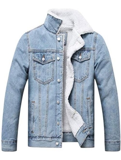 Omoone Men's Faux Fur Collar Sherpa Fleece Lined Distressed Denim Trucker Jacket