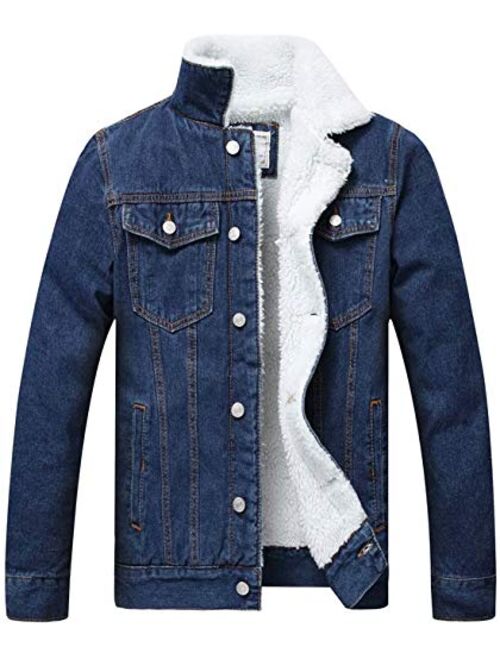 Omoone Men's Faux Fur Collar Sherpa Fleece Lined Distressed Denim Trucker Jacket