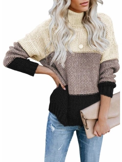 Lovezesent Womens Color Block High Neck Ribbed Knit Oversized Pullover Sweaters