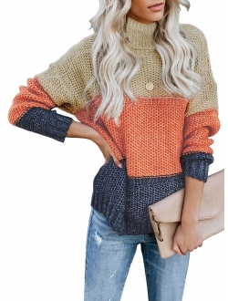 Lovezesent Womens Color Block High Neck Ribbed Knit Oversized Pullover Sweaters