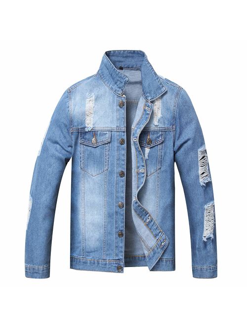 JYHER Men's Denim Jacket,Classic Ripped Slim Jean Coat Jacket with Holes