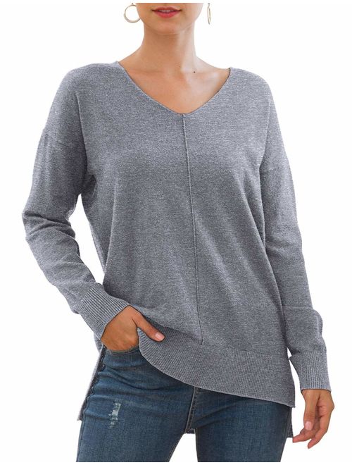 Jouica Women's Casual Lightweight V Neck Batwing Sleeve Knit Top Loose Pullover Sweater