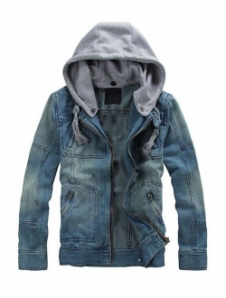 PASOK Men's Denim Hoodie Jacket Casual Full Zip Trucker Jacket Jean Coat