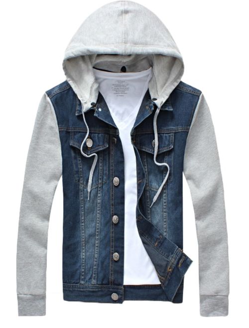 PASOK Men's Denim Hoodie Jacket Casual Full Zip Trucker Jacket Jean Coat