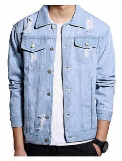 LifeHe Men's Distressed Ripped Denim Jacket Button Down Trucker Jean Coat