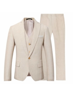 Mens 3 Piece Linen Suit Set Blazer Jacket Tux Vest Suit Pants