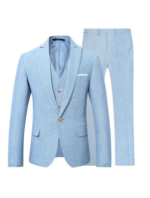 Mens 3 Piece Linen Suit Set Blazer Jacket Tux Vest Suit Pants