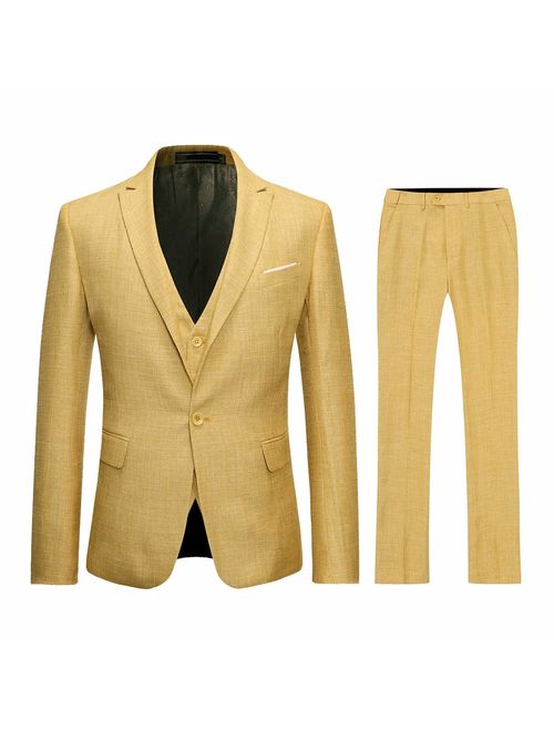 Mens 3 Piece Linen Suit Set Blazer Jacket Tux Vest Suit Pants