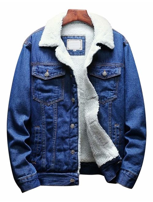 Omoone Men's Lapel Sherpa Fleece Lined Thicken Denim Jean Trucker Jacket Coats