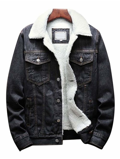 Omoone Men's Lapel Sherpa Fleece Lined Thicken Denim Jean Trucker Jacket Coats