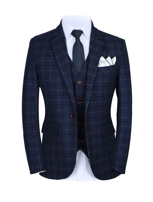 MOGU Mens 3 Piece Slim Fit Plaid Suit Blazer+Vest+Pants