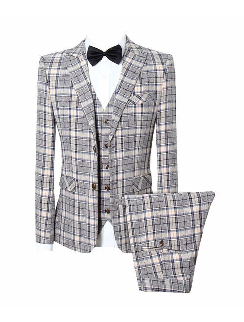 MOGU Mens 3 Piece Slim Fit Plaid Suit Blazer+Vest+Pants