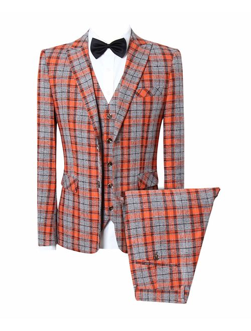 MOGU Mens 3 Piece Slim Fit Plaid Suit Blazer+Vest+Pants