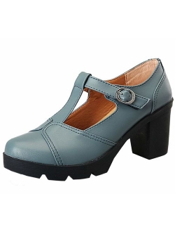 Women's Classic T-Strap Platform Mid-Heel Square Toe Oxfords Dress Shoes