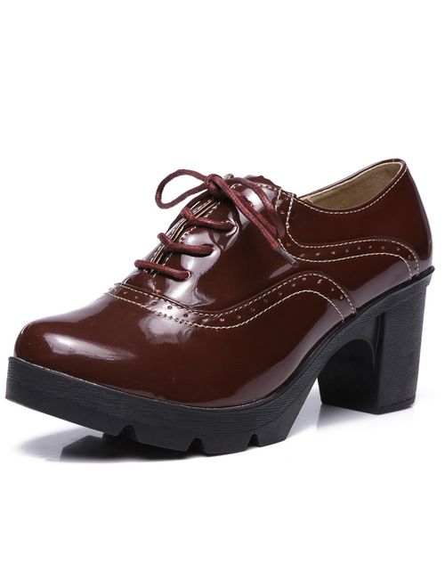 DADAWEN Women's Classic T-Strap Platform Mid-Heel Square Toe Oxfords Dress Shoes