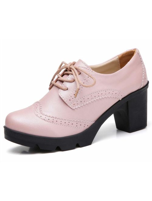 DADAWEN Women's Classic T-Strap Platform Mid-Heel Square Toe Oxfords Dress Shoes