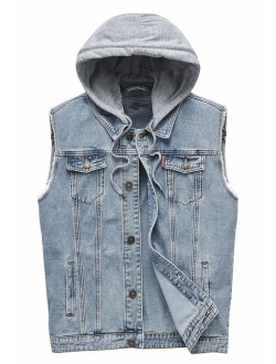 Heihuohua Men's Casual Button-Down Denim Vest Trucker Jean Jacket with Hoodie