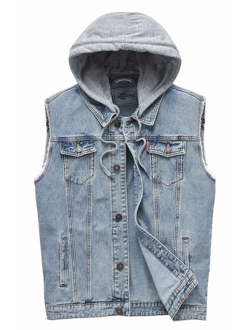 Heihuohua Men's Casual Button-Down Denim Vest Trucker Jean Jacket with Hoodie