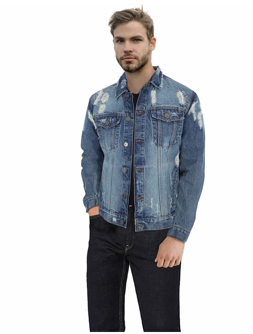 X RAY Mens Slim Denim Jacket Ripped Casual Trucker Distressed Jean Jacket for Men