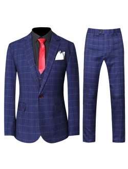 Mens 3-Piece Plaid Suit Set Modern Fit Jacket Tux Blazer Vest Pants