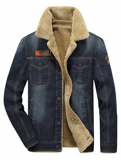 HOW'ON Men's Plus Cotton Warm Fur Collar Sherpa Lined Denim Jacket Button Down Classy Casual Quilted Jeans Coats Outwear